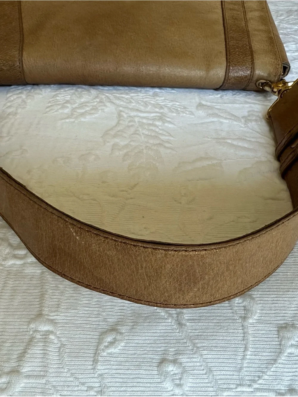 Tory Burch Tan Distressed Leather Shoulder Bag with Gold Logo Medallion
